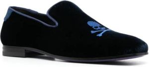 Philipp Plein skull-embroidered velvet loafers Blue