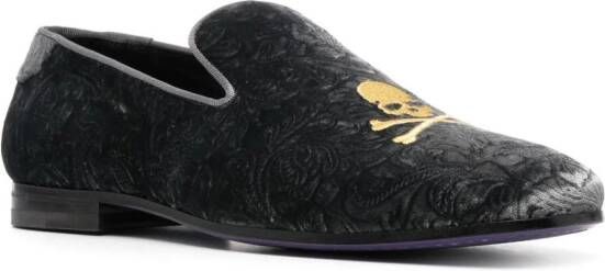 Philipp Plein skull-embroidered velvet loafers Grey