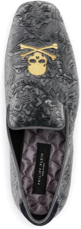 Philipp Plein skull-embroidered velvet loafers Grey