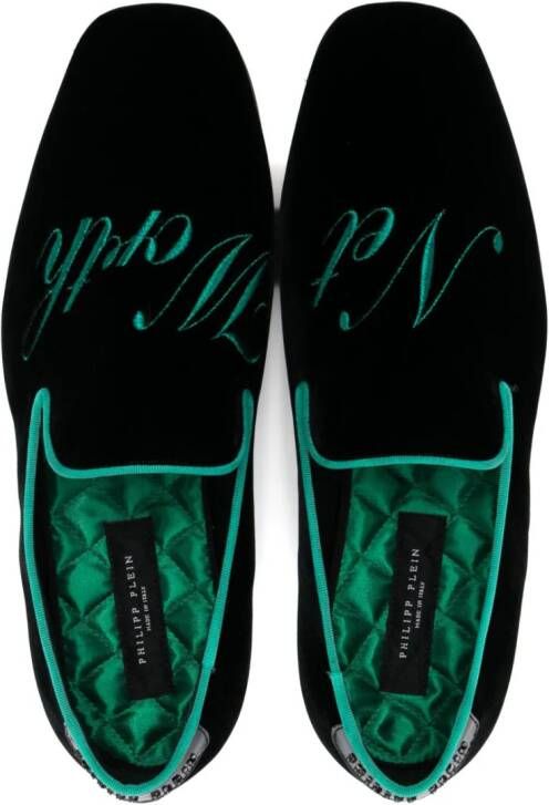 Philipp Plein slogan-embroidered velvet loafers Black