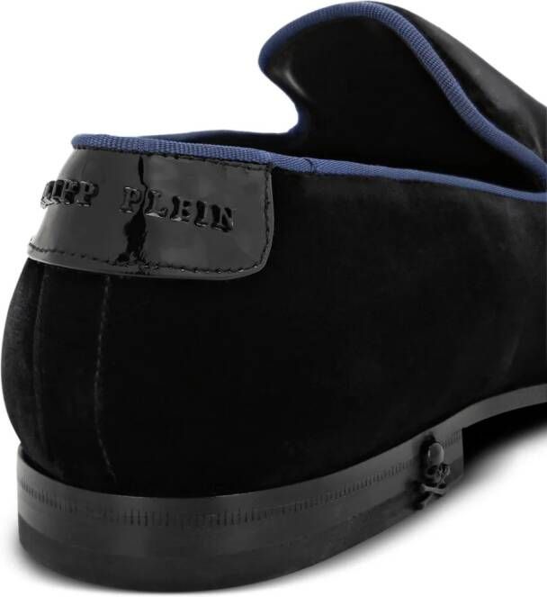 Philipp Plein slogan-embroidered velvet loafers Blue