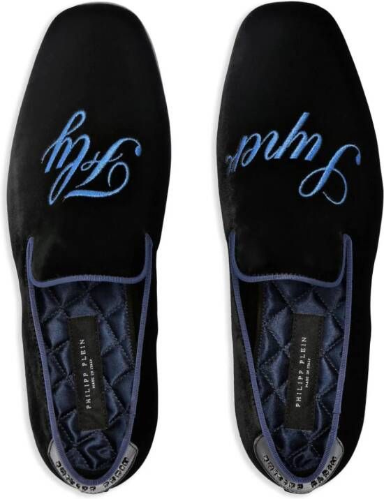 Philipp Plein slogan-embroidered velvet loafers Blue