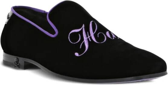Philipp Plein slogan-embroidered velvet loafers Purple