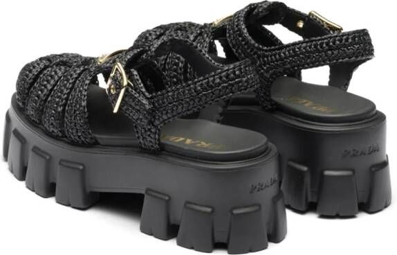 Prada caged flatform raffia sandals Black