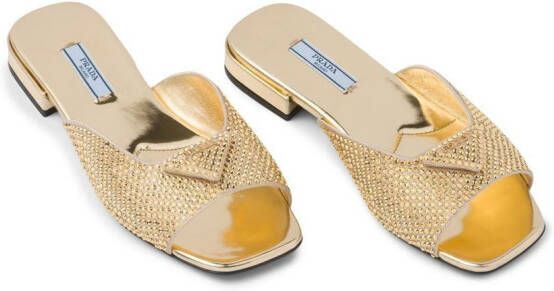 Prada crystal-embellished satin slides Gold