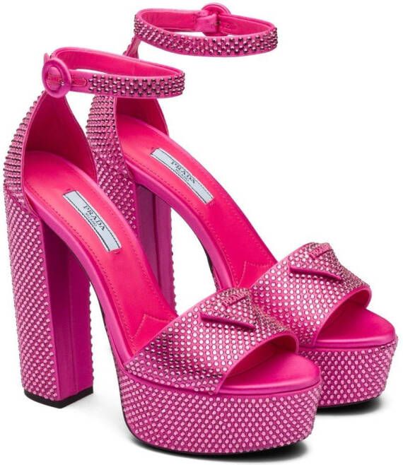 Prada crystal-studded 135mm satin platform sandals Pink