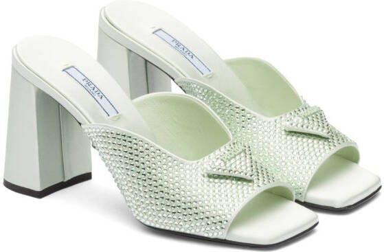 Prada crystal-studded high-heeled satin slides Green