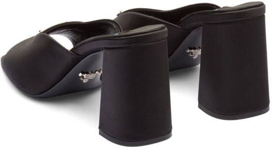 Prada enamel triangle logo 85mm high-heel satin slides Black