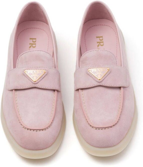 Prada enamel triangle-logo leather loafers Pink
