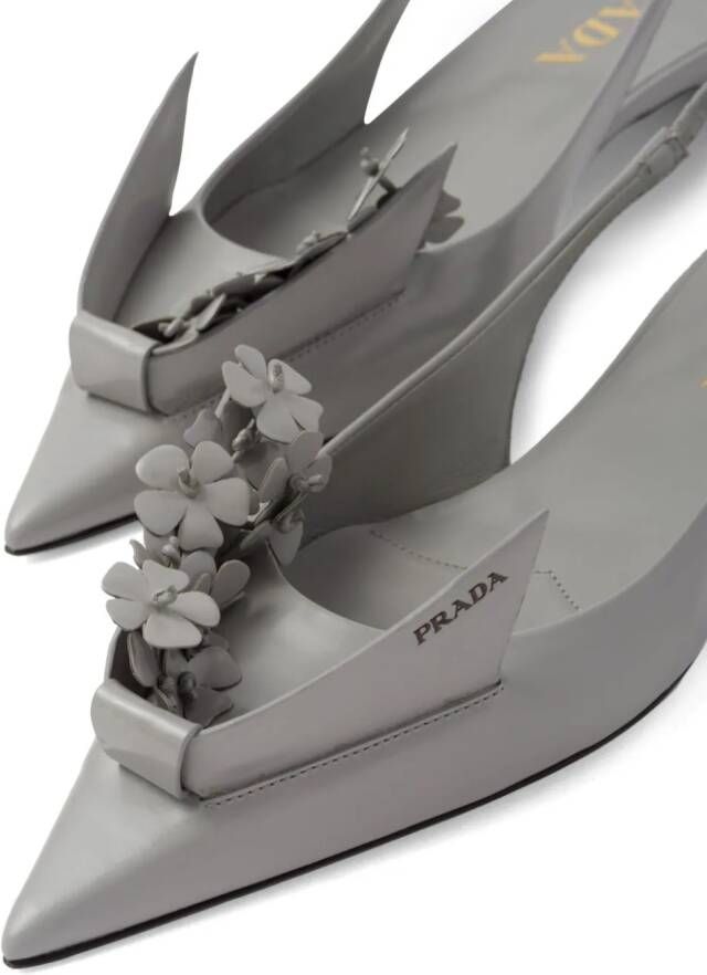 Prada floral-appliqué 25mm slingback pumps Grey