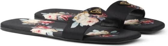 Prada floral-print satin slides Black