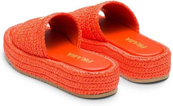 Prada logo-plaque raffia flatform sandals Orange