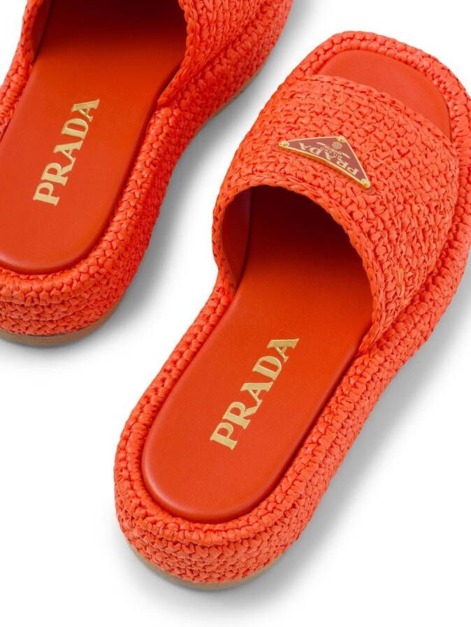 Prada logo-plaque raffia flatform sandals Orange