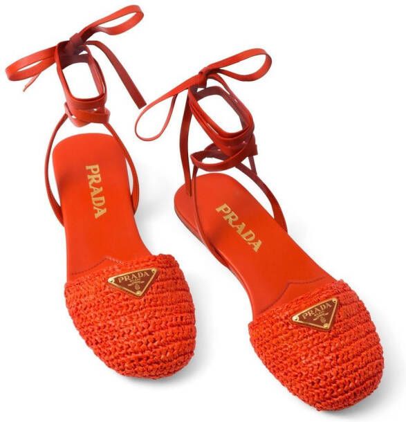 Prada logo-plaque raffia sandals Orange
