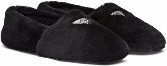 Prada logo shearling slippers Black