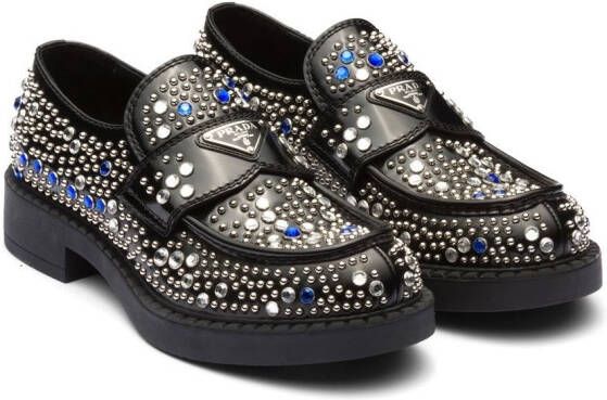 Prada rhinestone-embellished brushed leather loafers Black