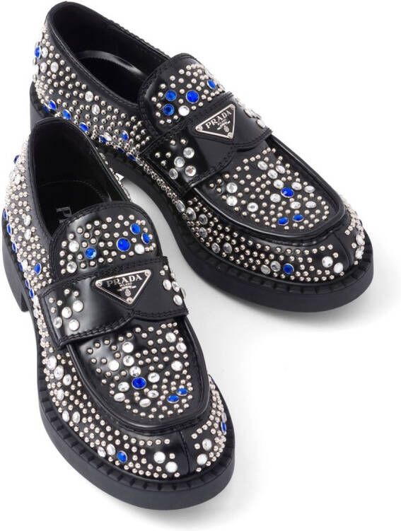 Prada rhinestone-embellished brushed leather loafers Black