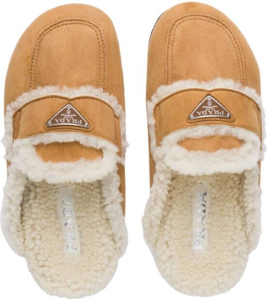 Prada triangle logo lined slippers Brown