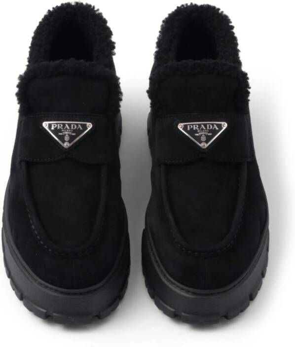 Prada triangle-logo shearling loafers Black