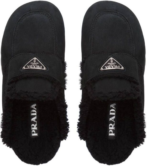 Prada triangle-logo shearling slippers Black
