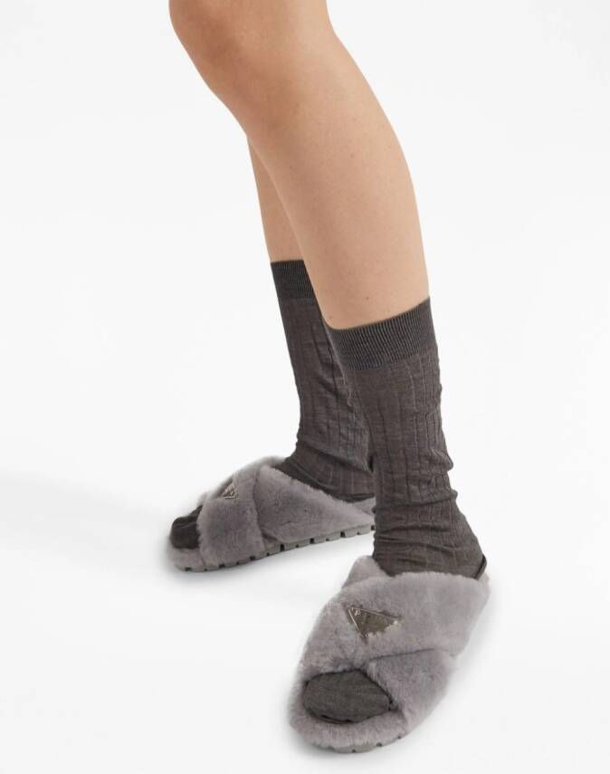 Prada triangle-logo shearling slippers Grey