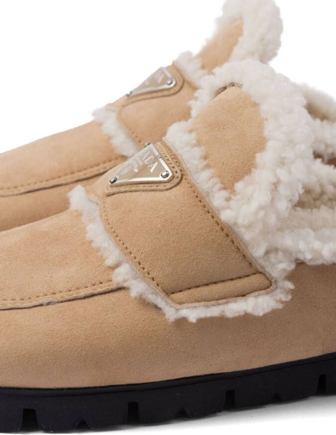 Prada triangle-logo shearling slippers Neutrals