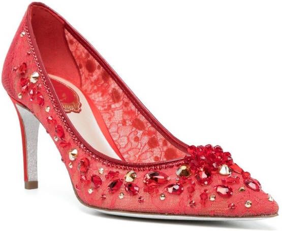René Caovilla 75mm lace crystal embellished pumps Red