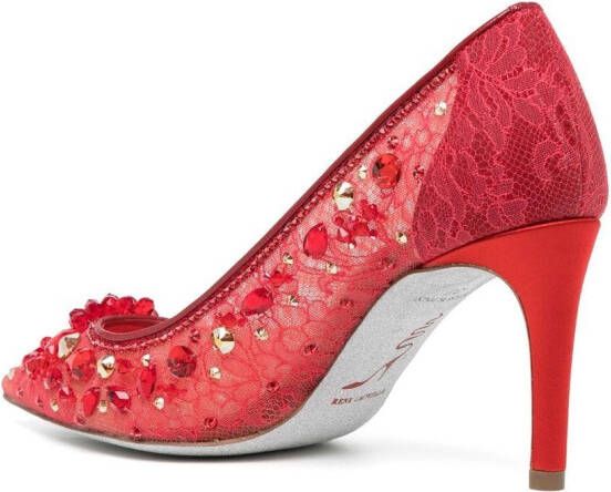 René Caovilla 75mm lace crystal embellished pumps Red