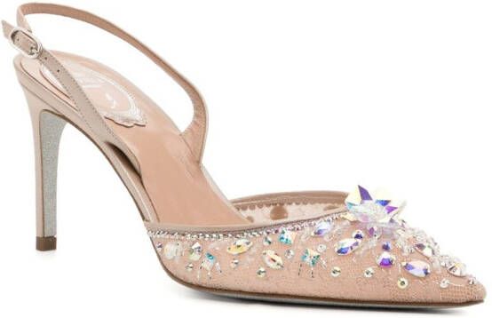 René Caovilla crystal-embellished 80mm slingback pumps Neutrals