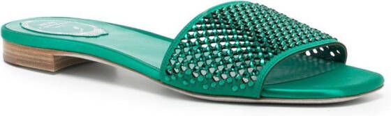 René Caovilla crystal-embellished flat leather sandals Green