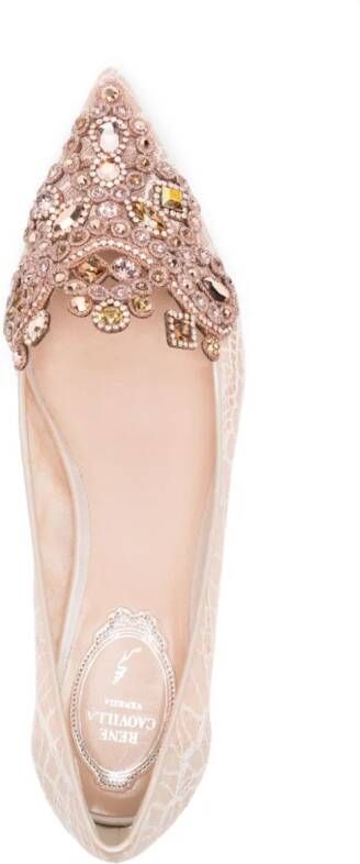 René Caovilla crystal-embellished lace ballerina shoes Neutrals