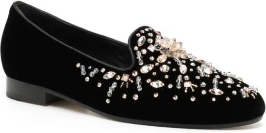 René Caovilla crystal-embellished velvet loafers Black