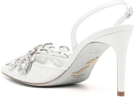 René Caovilla lace embellished crystal sling back pumps White
