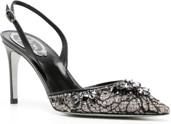 René Caovilla lace embellished crystal sling back sandals Black