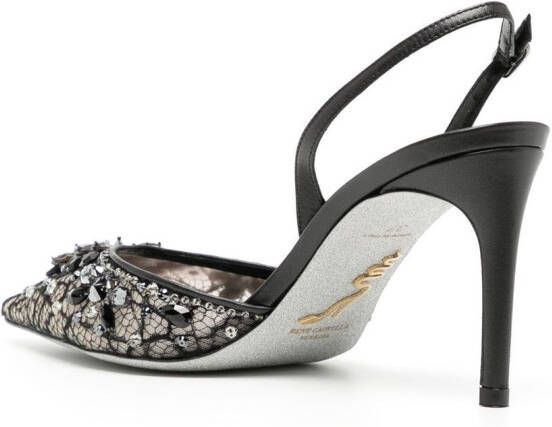 René Caovilla lace embellished crystal sling back sandals Black