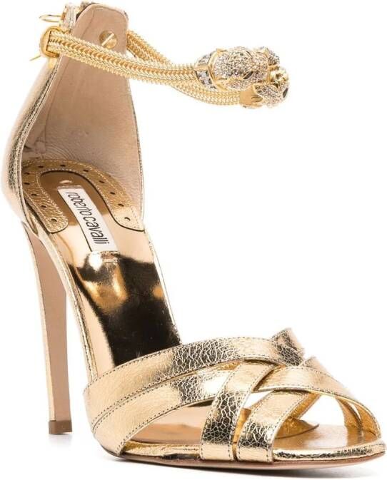 Roberto Cavalli 112mm crystal-embellished leather sandals Gold