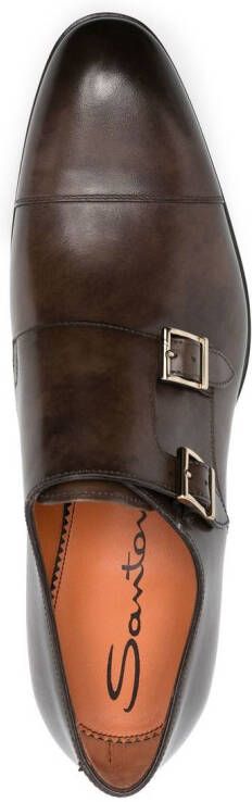 Santoni double-buckle leather monk shoes Brown