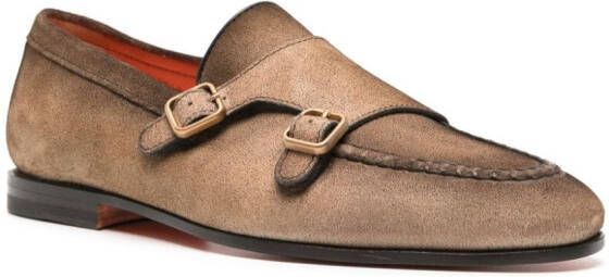 Santoni double-buckle suede loafers Brown