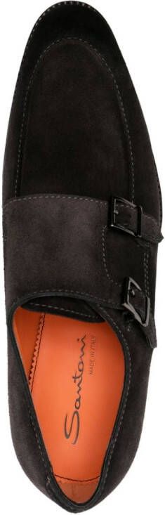 Santoni double-buckle suede monk shoes Brown