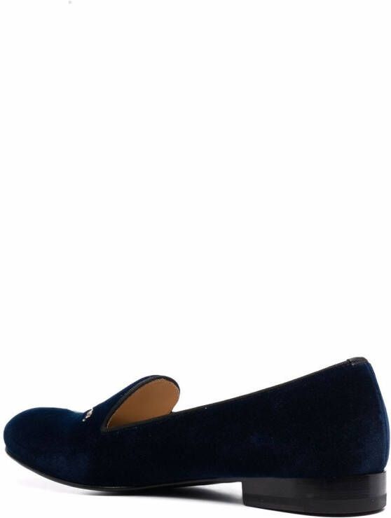 Scarosso Daisy embroidered velvet slippers Blue