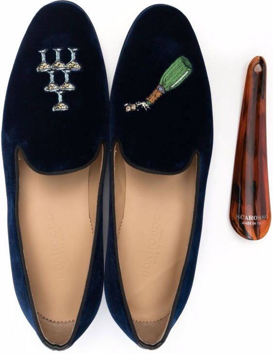 Scarosso Jay embroidered velvet slippers Blue