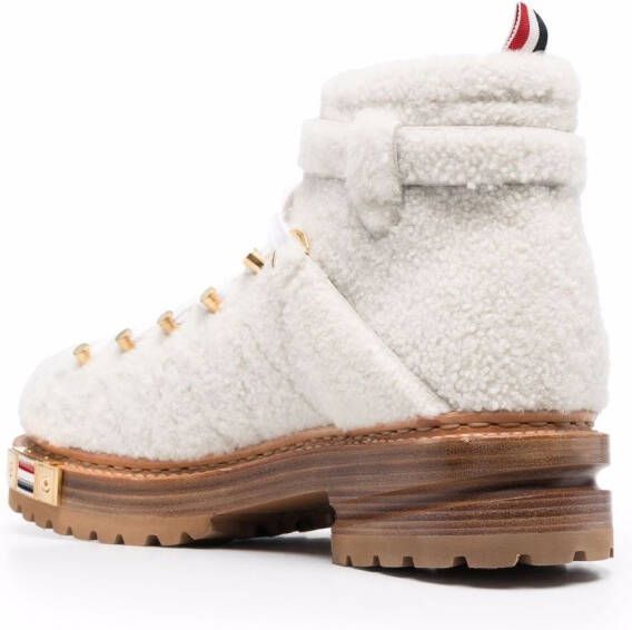 Thom Browne shearling logo-plaque lace-up boots White