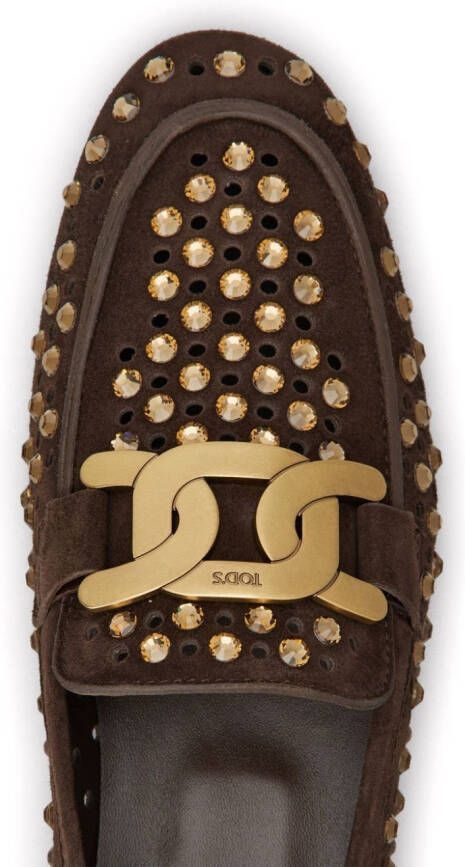 Tod's Kate rhinestone-embellished suede loafers Brown