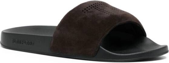 TOM FORD logo-perforated suede slides Brown
