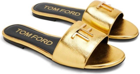 TOM FORD logo-plaque metallic-leather slides Gold