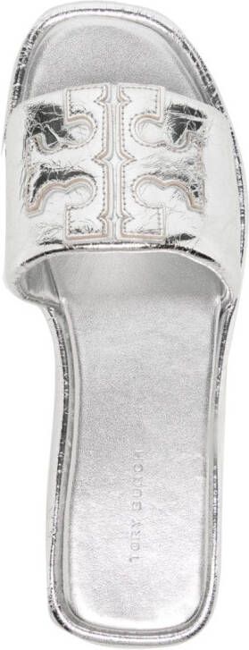 Tory Burch Double T leather slides Silver