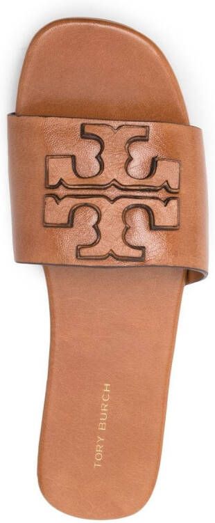 Tory Burch embossed-logo leather slides Brown