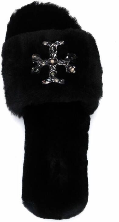 Tory Burch logo-patch fur sliders Black