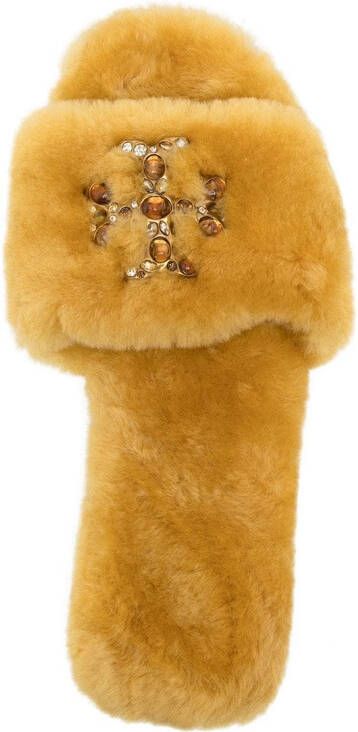 Tory Burch logo-patch fur sliders Yellow