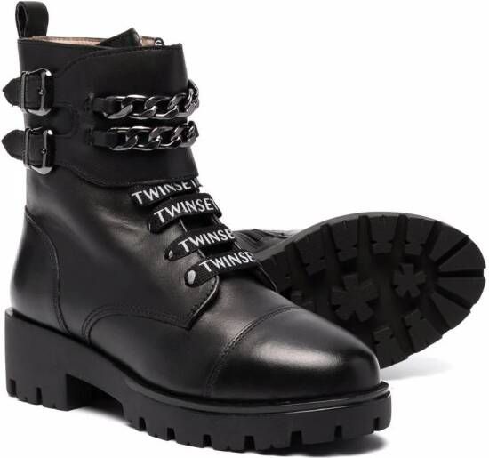 TWINSET Kids logo-laced leather boots Black